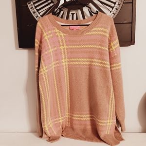 Isaac Mizrahi 100% Cashmere Sweater Tan Plaid/Stripes Womens Size M‎
